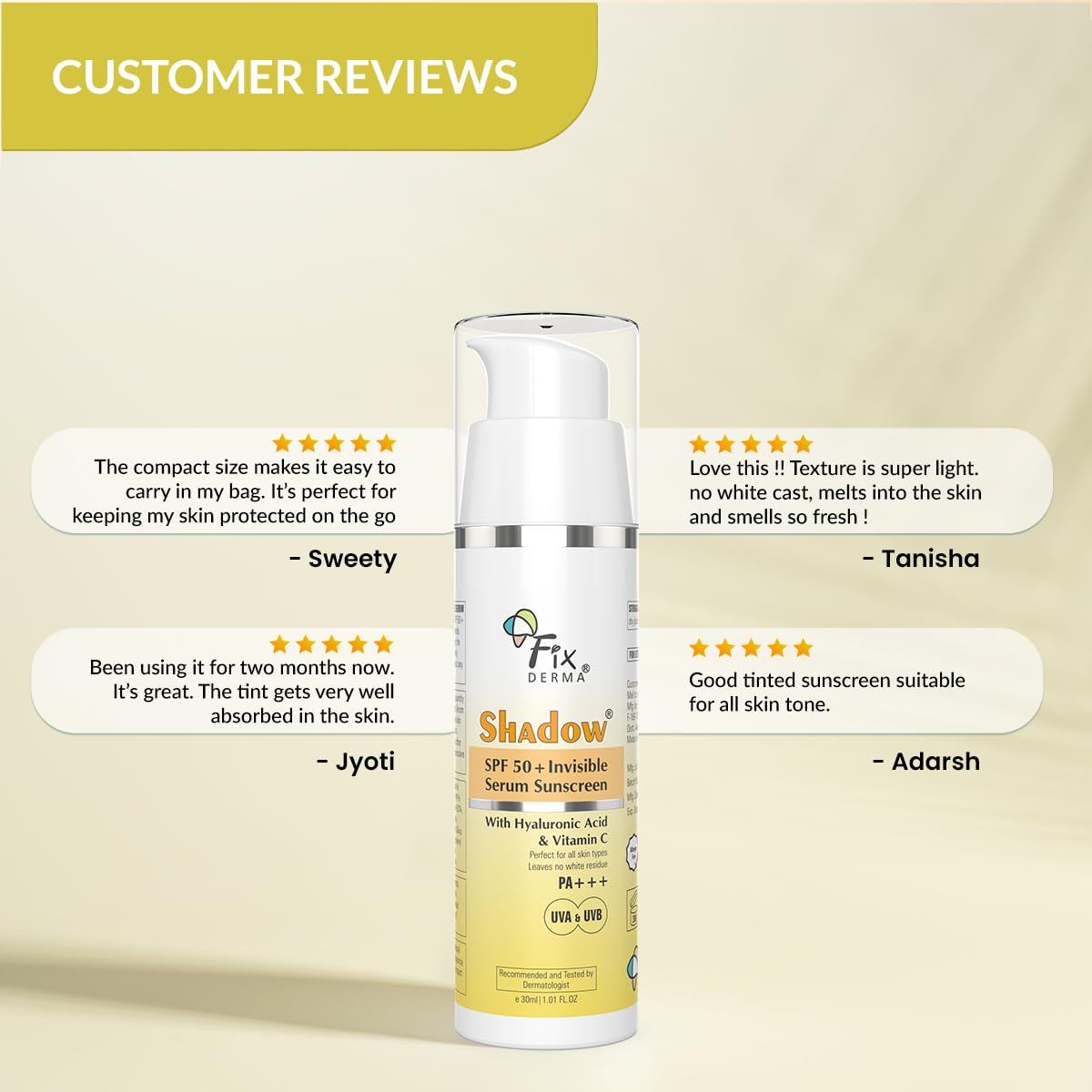 Fixderma Shadow Invisible Serum Sunscreen SPF 50+ PA+++ | Ultra Lightweight Transparent Sunscreen with Vitamin C & Hyaluronic Acid | No White Cast | For All Skin Types | For Men & Women | Airless Pump 30 ML FIX DERMA
