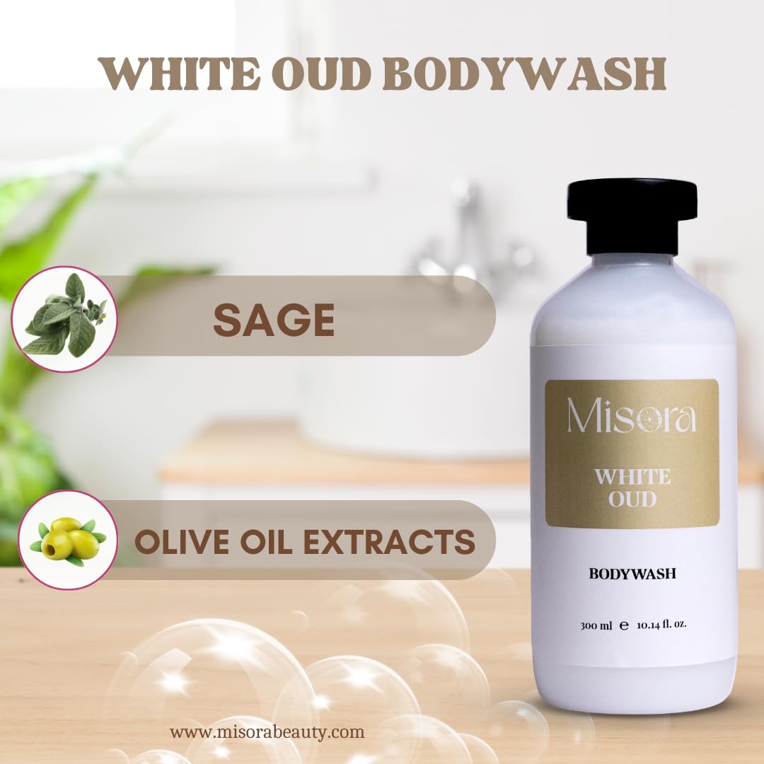 Misora White Oud Body Wash | Deep Cleansing & Moisturizing Shower Gel with Exotic Oud Essence | Hydrating, Refreshing, and Nourishing Skin Care for Suitable for All Skin Types | 300ml MISORA