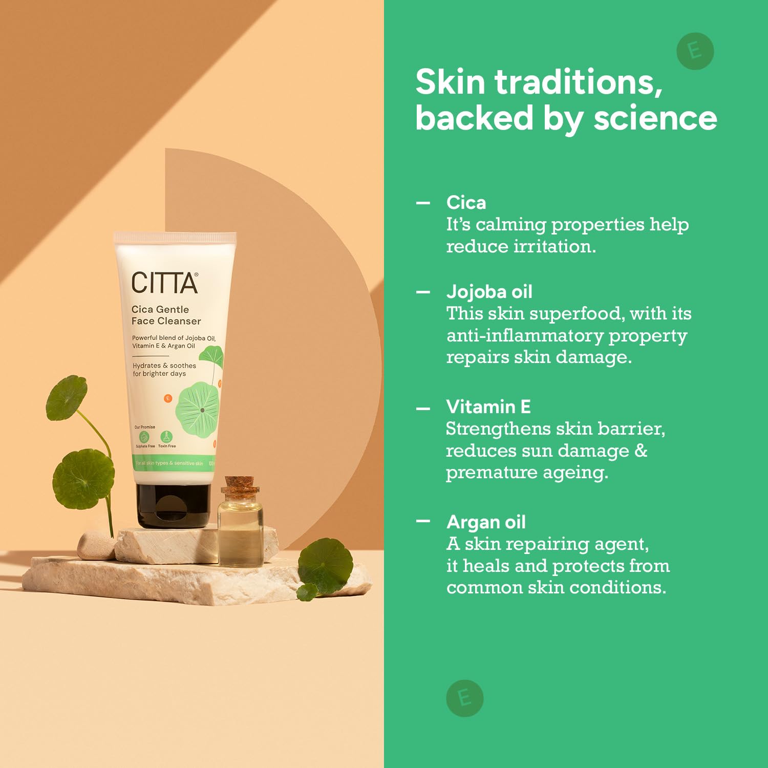CITTA Cica Gentle Face Cleanser – Brightening, Non-Drying Face Wash for Dry, Sensitive & Combination Skin – With Jojoba Oil, Vitamin E & Argan Oil – Gentle & Hydrating – For Men & Women – 100ml CITTA