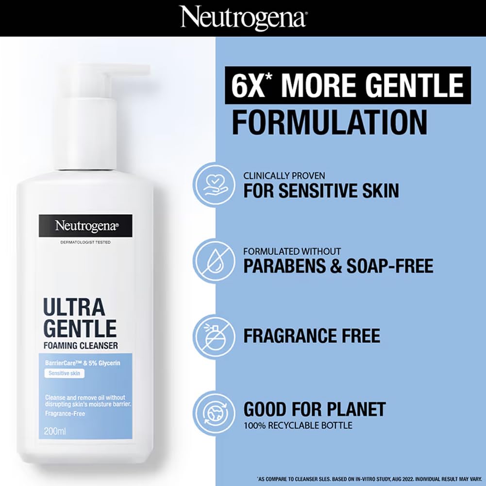 Neutrogena Ultra Gentle Foaming Cleanser | Face Wash for All Skin Types including Sensitive Skin | 6X Gentler Cleansing with Barriercare Technology for Men & Women | Cleanses Dirt and Oil | Hydrates & Protects Skin Barrie Neutrogena
