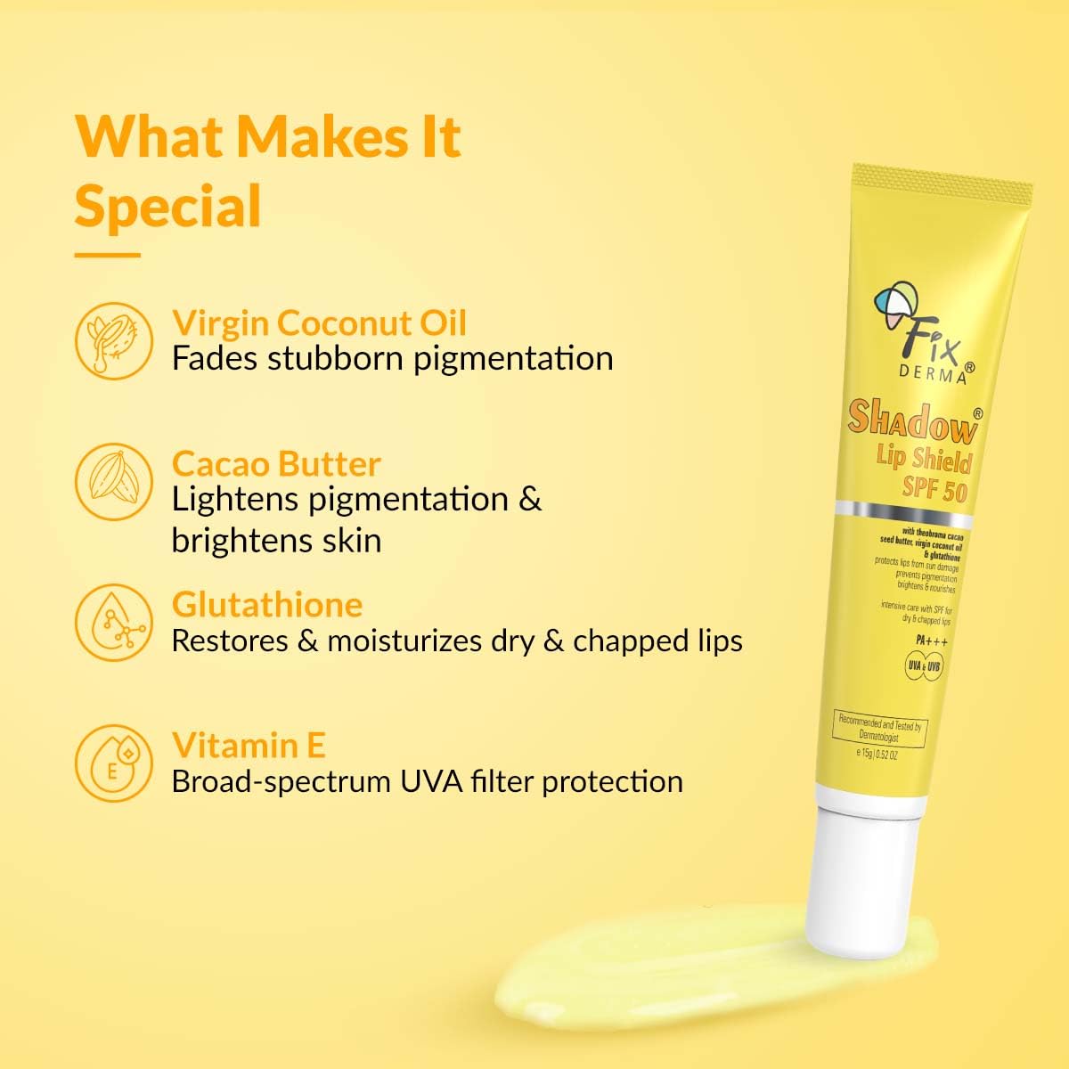 FIXDERMA Shadow Spf 50 Lip Shield Pa+++ Lip Balm Spf 50 With Theobroma Cacao Seed Butter,Virgin Coconut Oil & Glutathione Prevents Pigmentation & Sun Damage Sun Protector Uva & Uvb-15Gm,Yellow, All FIX DERMA