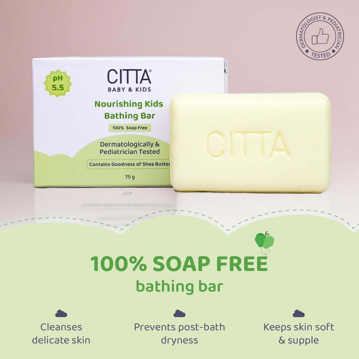 CITTA Bathing Bar for Babies & Kids | Soap-Free, No Tears | Dermatologist Approved pH Balanced Wash for Sensitive Skin | Shea Butter for Soft & Glowing Skin | 75g CITTA