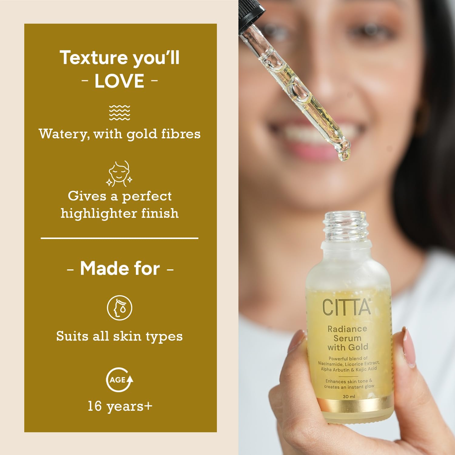 CITTA Gold Serum for Pigmentation – Brightening Serum with 2% Gold Fibers, Kojic Acid, Niacinamide & Alpha Arbutin – Deep Acne Scar & Hyperpigmentation Removal – Instant Glowing Skin – 30ml CITTA