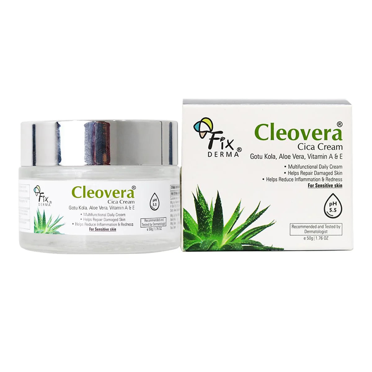 Fixderma Cleovera Cica Cream for Face with Gotu Kola, Aloevera, Vitamin A & E | Damage Skin Repair Face Cream | Suitable for Sensitive, Dry & Damaged Skin - 50g FIX DERMA
