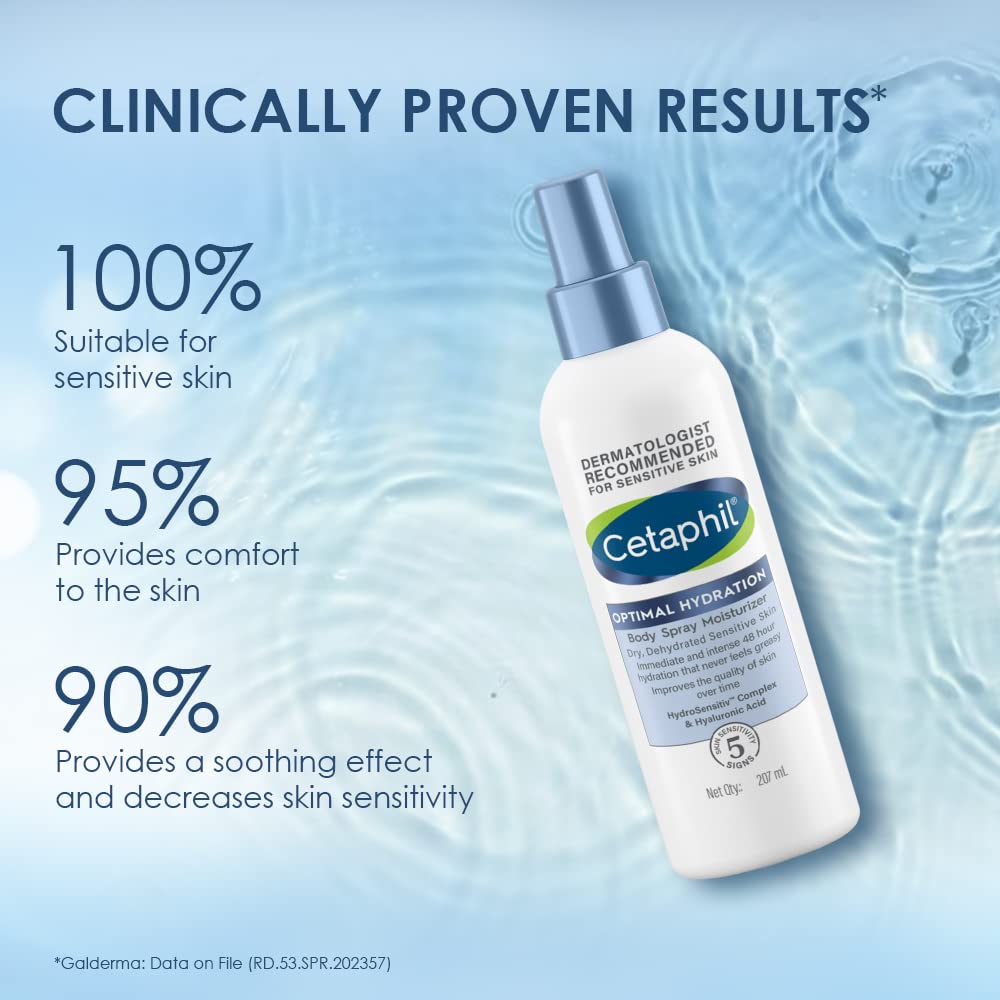 Cetaphil Optimal Hydration Body Spray Moisturizer | Lightweight moisturizer & non-greasy | Hyaluronic Acid, Sunflower Oil, Blue Daisy extract | 207Ml Cetaphil