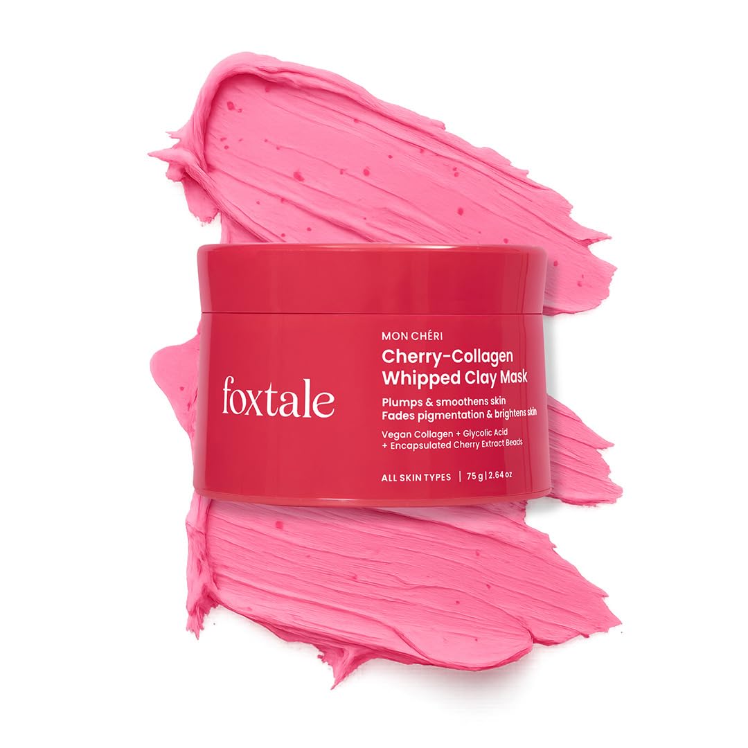 Foxtale Cherry-Collagen Whipped Clay Mask | Vegan Collagen + Glycolic Acid + PHA + Cherry Beads | Hydrates, Plumps & Firms Skin | Detoxifies Pores, Brightens & Smooths Dull, Uneven Skin | 75g FOXTALE