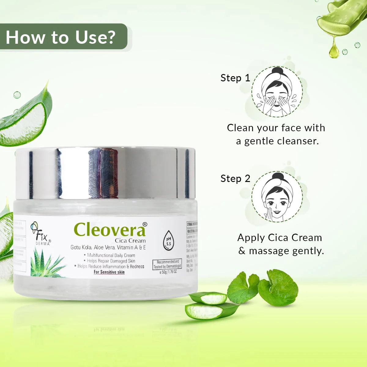 Fixderma Cleovera Cica Cream for Face with Gotu Kola, Aloevera, Vitamin A & E | Damage Skin Repair Face Cream | Suitable for Sensitive, Dry & Damaged Skin - 50g FIX DERMA