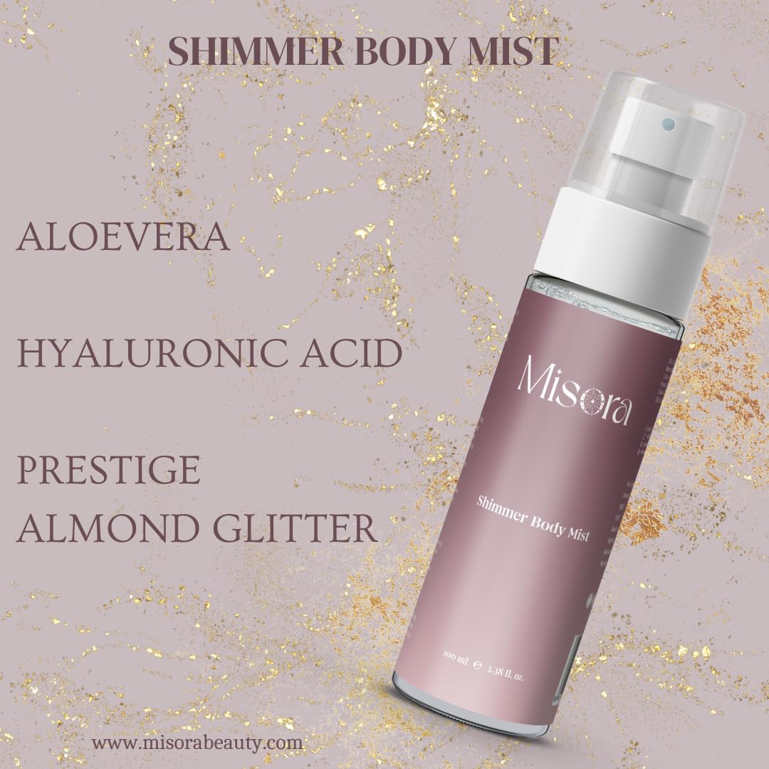 Misora Shimmer Body Mist for Glowing Skin | Long-Lasting Fragrance & Hydration | Non-Sticky Body Spray with Sparkle Finish | Travel-Friendly-Ideal for Every Occasion | 100ml MISORA