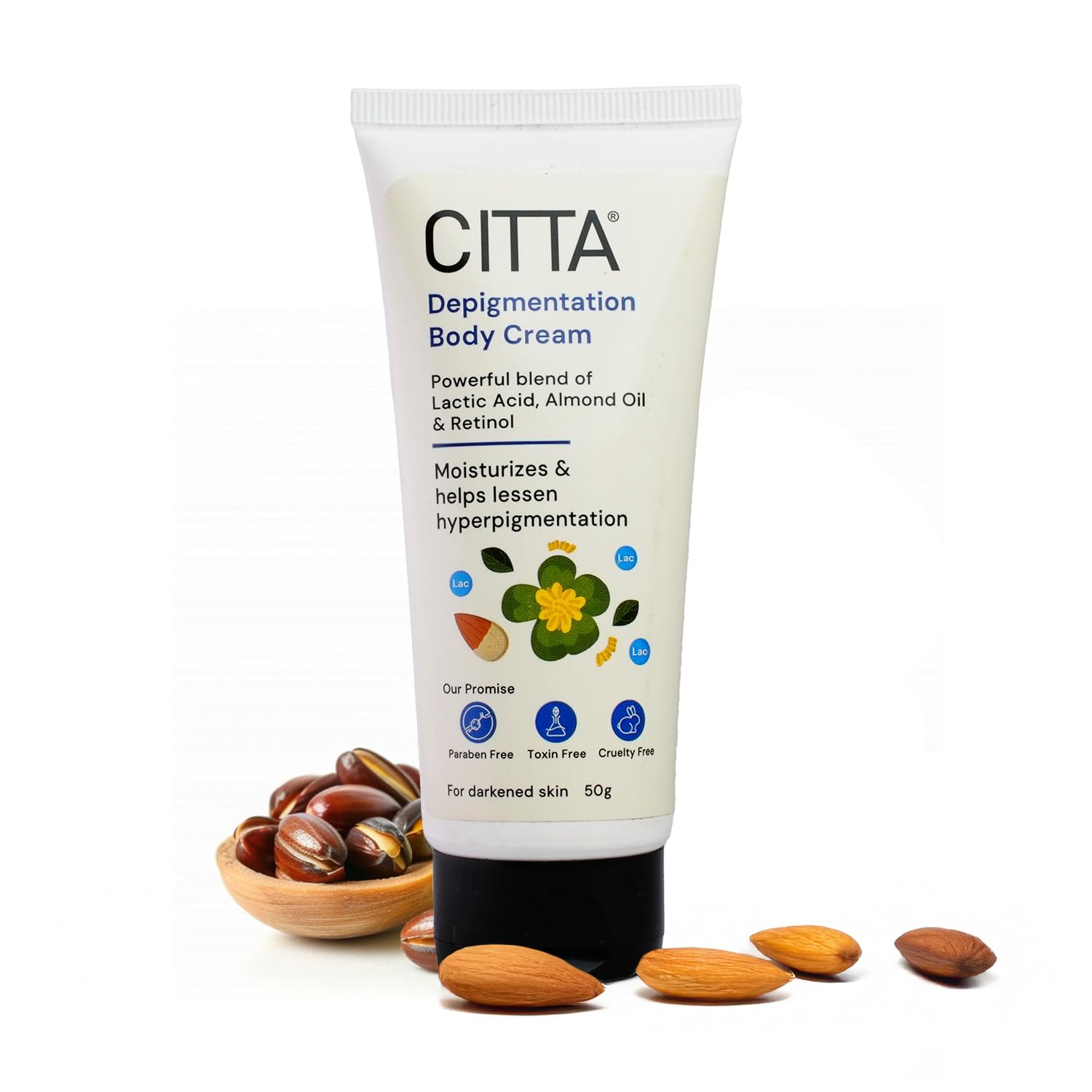 CITTA Depigmentation Body Cream with Retinol, Lactic Acid & Almond Oil – Reduces Tan, Pigmentation & Evens Skin Tone – Treats Dark Patches on Elbows, Knees, Neck & Thighs – For Men & Women – 50g CITTA