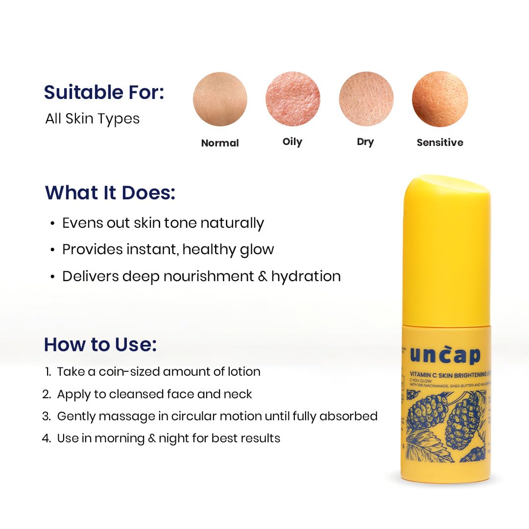 Uncap Vitamin C Skin Brightening Lotion with 10% Niacinamide, Shea Butter & Mulberry Extract | Hydrates, Evens Skin Tone & Boosts Radiance | For All Skin Types – 30 ml Uncap