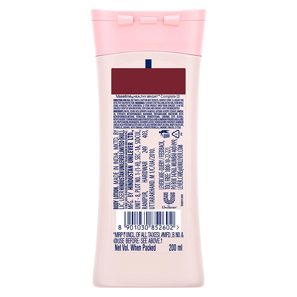 Vaseline Healthy Bright Complete 10 Body Lotion, Anti- Ageing Lotion With Vitamin B3, Aha, Pro-Retinol, 200 ml Vaseline