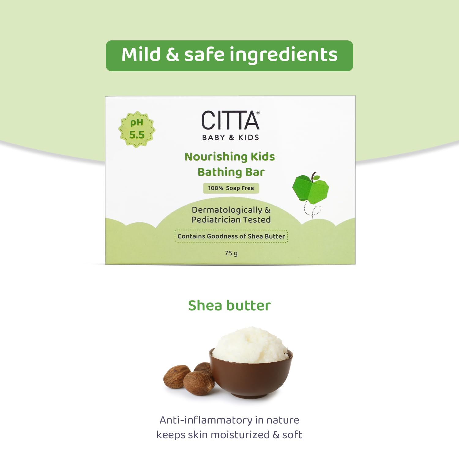 CITTA Bathing Bar for Babies & Kids | Soap-Free, No Tears | Dermatologist Approved pH Balanced Wash for Sensitive Skin | Shea Butter for Soft & Glowing Skin | 75g CITTA