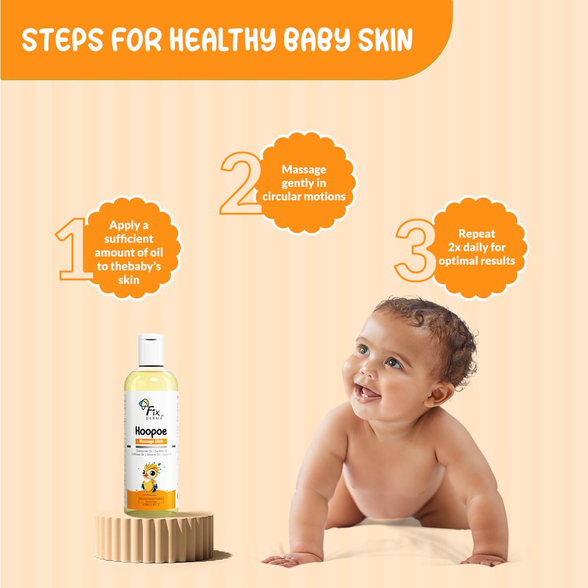 Fixderma Hoopoe Baby Massage Elixir|Baby Oil with Chamomile, Camellia, Safflower, Seasome & Jojoba Oil |Baby Massager Oil | Dermatologist Tested (100 Ml) FIX DERMA