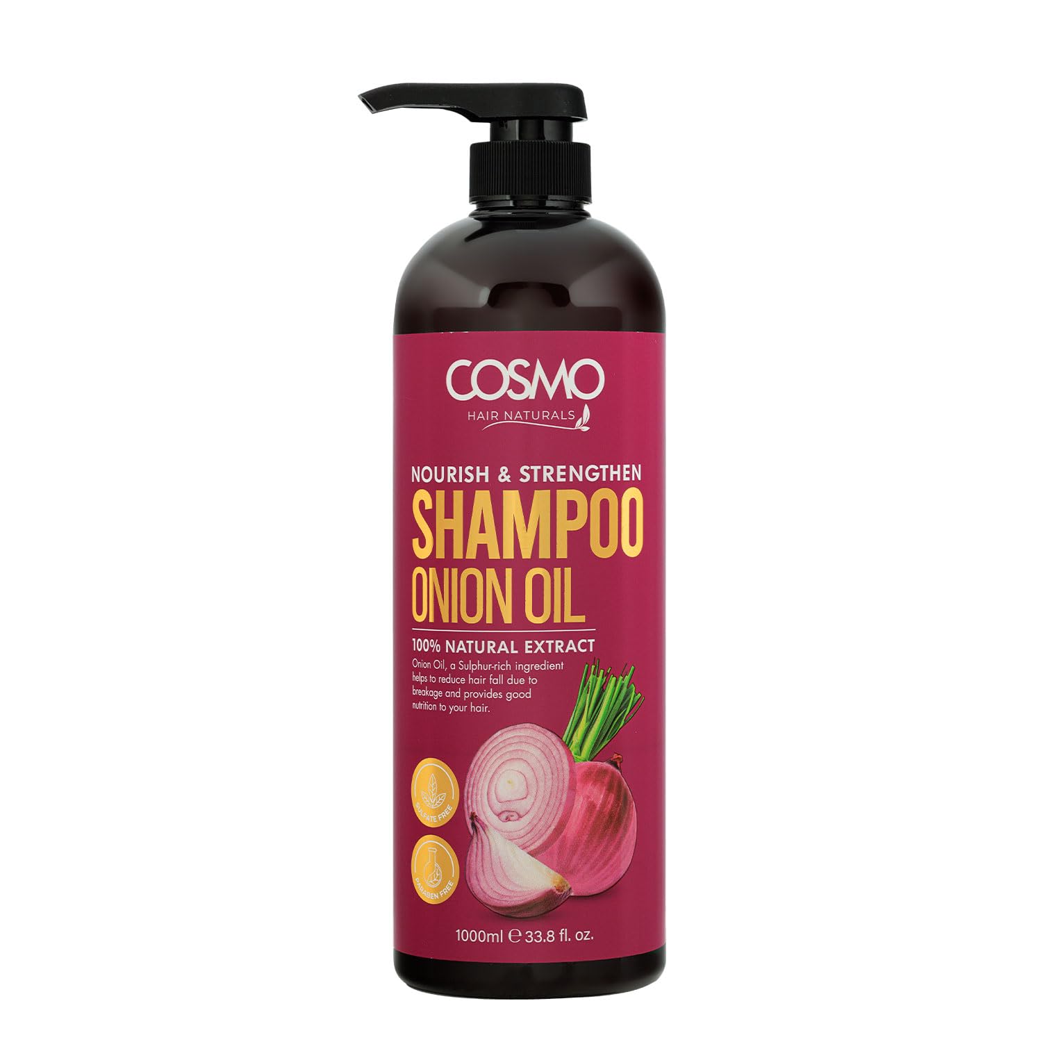 Cosmo Nourish and Strengthen Onion Oil Shampoo 1000ml, 33.8 Fl.oz, for Men & Women, Shampoos, Paraben Free, Sulfate Free, Hair Care, 100% Natural Extract, for Daily Use. cosmo