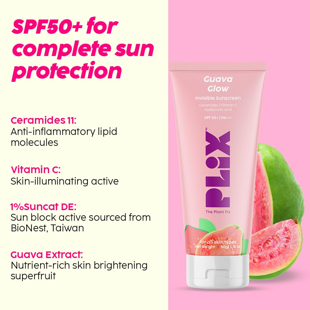 PLIX - THE PLANT FIX Spf 50+ Guava Glow Invisible Sunscreen For All Skin Type With Pa +++|For Uv A,Uv B&Blue Light Protection With Ceramides,Vitamin C&Hyaluronic Acid|No White Cast,Cruelty-Free|50 G PLIX