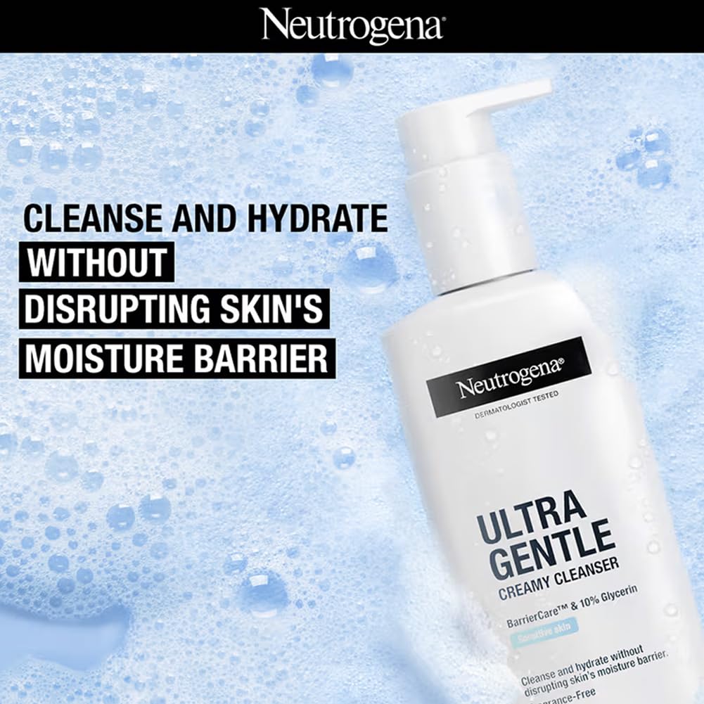 Neutrogena Ultra Gentle Creamy Cleanser | 14X Gentler Cleanser | All Skin Types Including Sensitive Skin | Face Wash for Sensitive Skin for Men & Women | With Barriercare Technology & 10% Glycerin | Paraben-Free Neutrogena