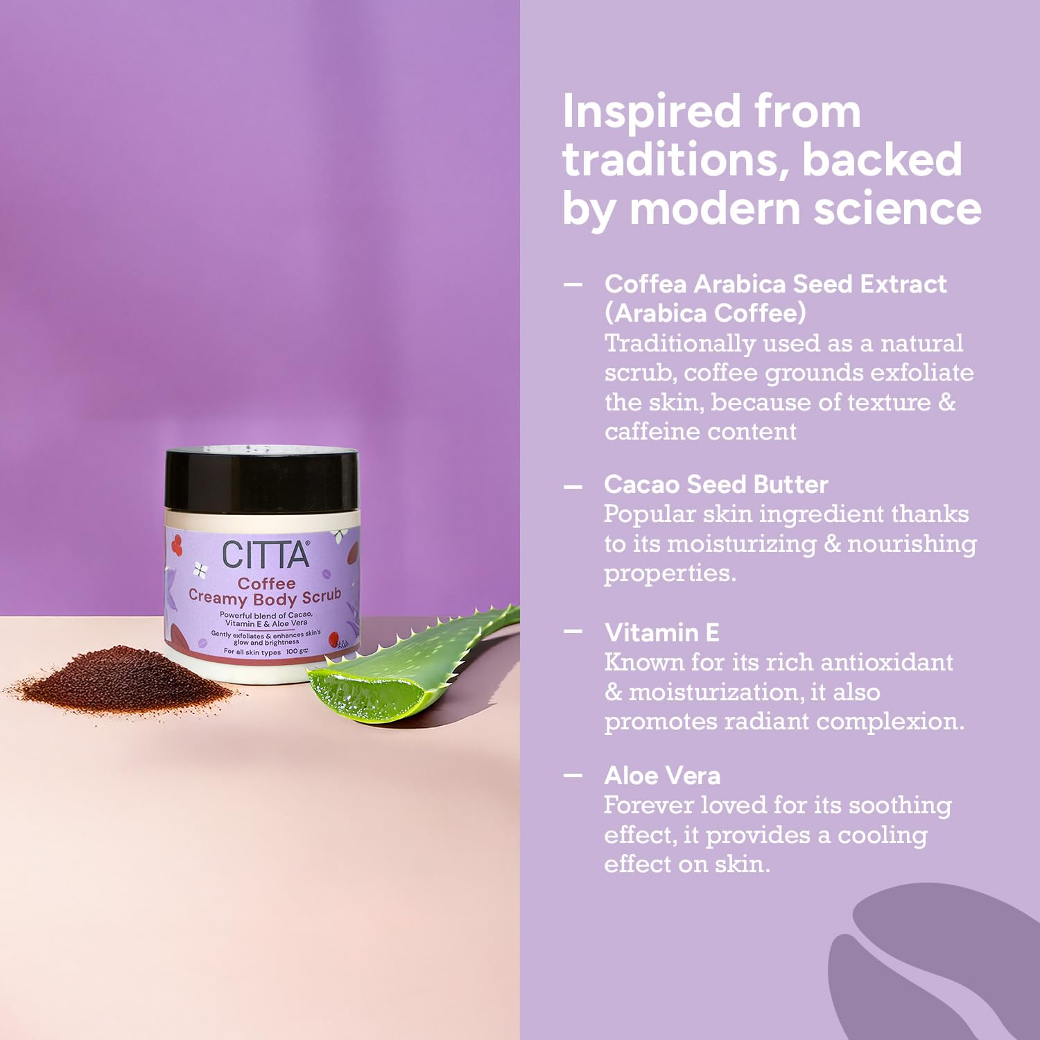 CITTA Coffee Creamy Body Scrub – 100g | With Coffee Seed Exfoliator, Cocoa Butter, Aloe Vera & Vitamin E | Gently Exfoliates, Removes Tan & Boosts Glow | Non-Drying Formula for All Skin Types | For Men & Women CITTA