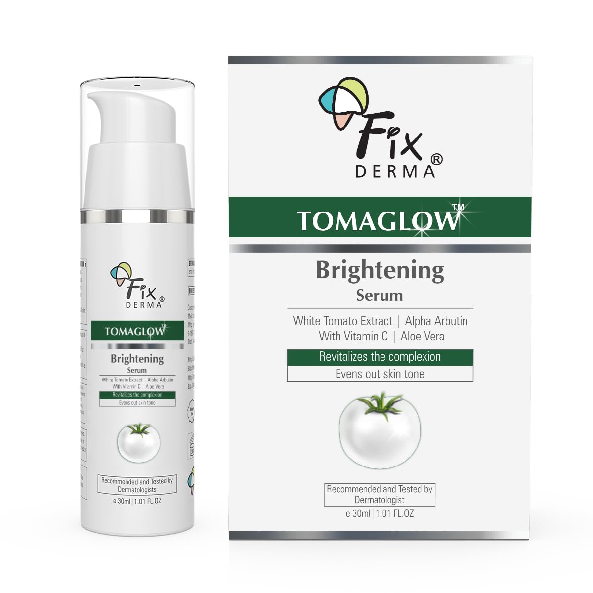 Fixderma TomaGlow Skin Brightening Serum for Face with 4% Niacinamide, 2% Alpha Arbutin, Vitamin C & White Tomato Extract | Reduce Pigmentation & Dark Spots | Brightens the Skin | For Men & Women - 30ML FIX DERMA