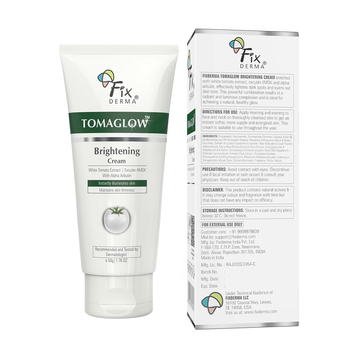 Fixderma Tomaglow Brightening Face Cream with White Tomato Extract, Excutin 4MSK with 2% Alpha Arbutin 4% Niacinamide, Lightens Dark Spots & Instantly Illuminates Skin, Face Cream for Men & women - 50g FIX DERMA