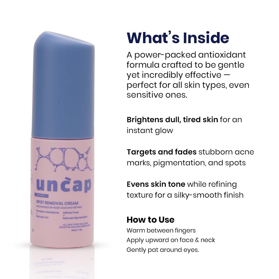 Uncap Spot Removal Cream – 30 ml | Kojic Acid & Retinol | Reduces Pigmentation & Tan, Refines Pores, Evens Skin Tone Uncap