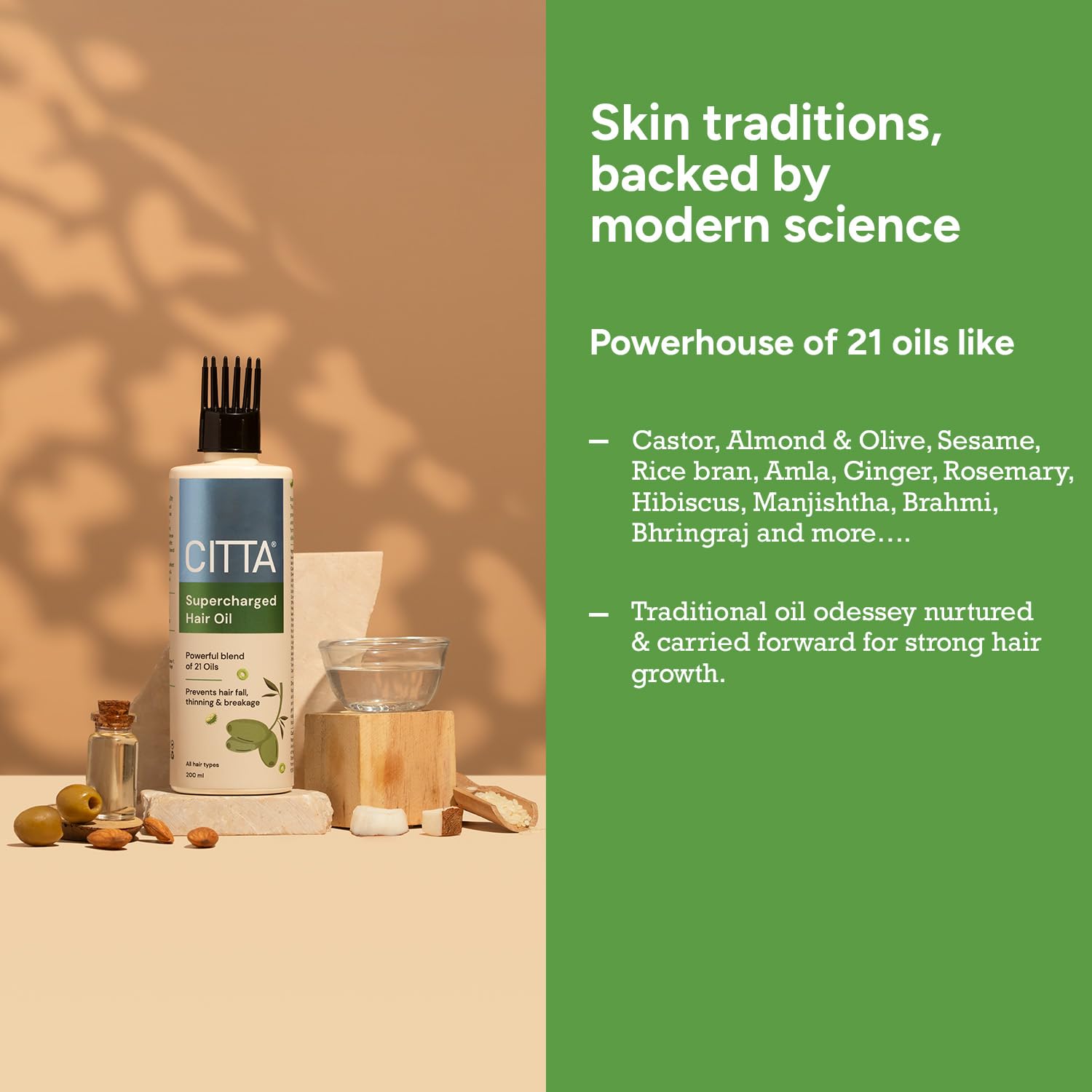 CITTA 21-In-1 Supercharged Hair Oil with Scalp Applicator – Hair Fall Control & Scalp Repair – Deep Repair from Root to Tip – Amla, Bhringraj & Olive Oil Blend – Shine & Moisture Lock – Dermatologically Tested – 200 ml CITTA