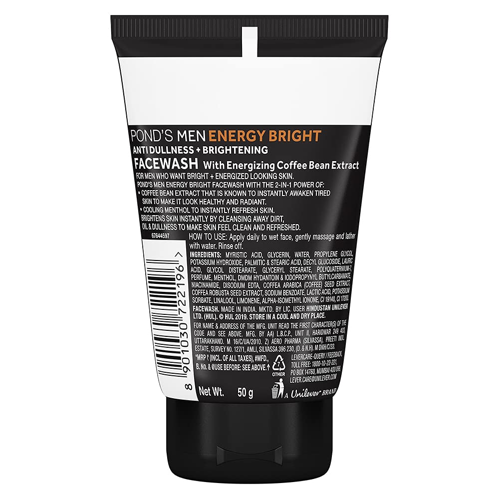 Pond’s Men Energy Bright Anti-Dullness Face Wash with Coffee Bean Extract for Men | Deep Cleansing & Oil Control Facewash | Removes Dirt, Pollution & Dullness | Refreshing Daily Skincare, 50g Ponds