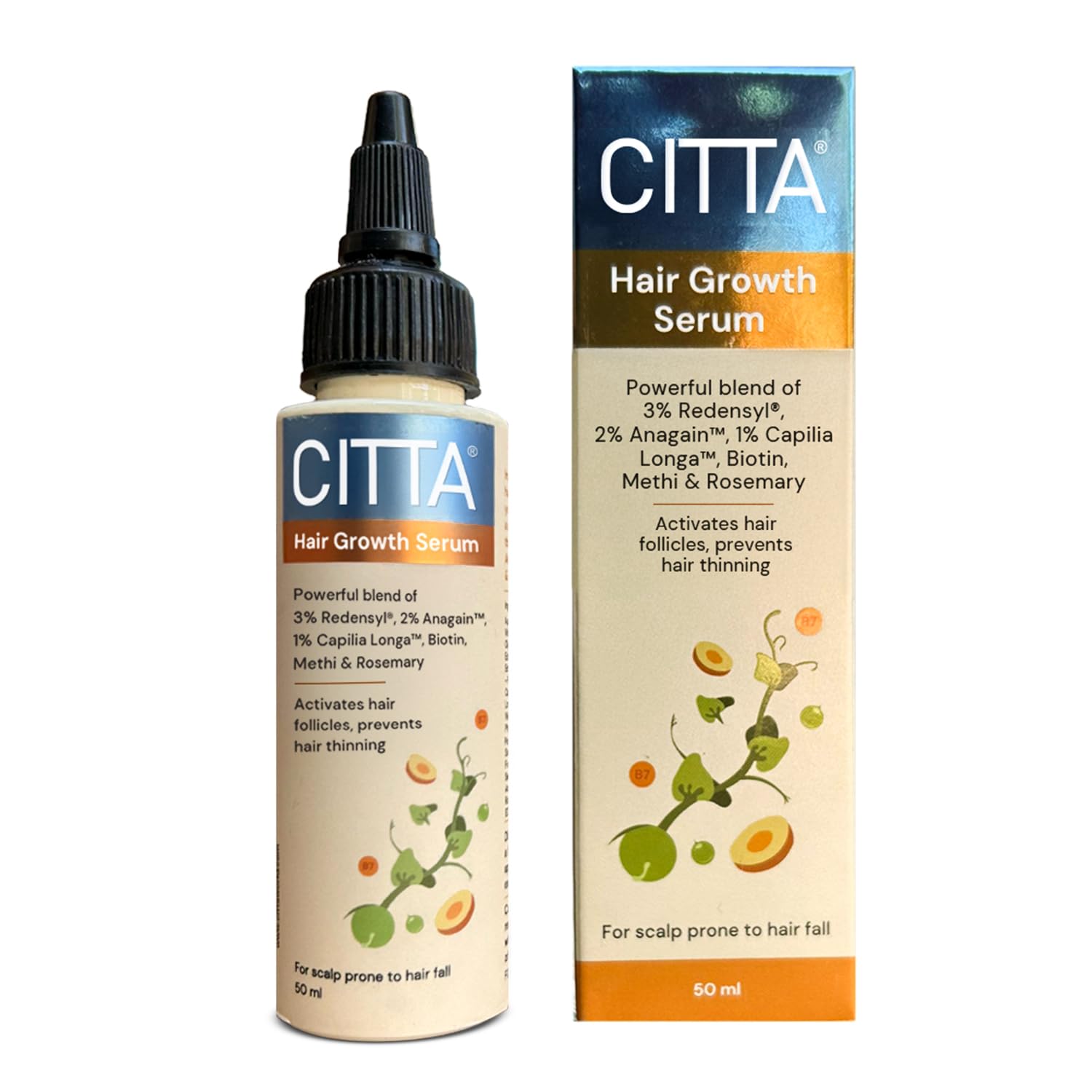 CITTA Hair Growth Serum – Redensyl 3%, Anagain 2%, Capilia Longa 1% with Biotin, Rosemary & Methi – Reduces Hair Fall & Thinning, Promotes Regrowth, Heals Scalp – Dermatologist Tested – 50ml CITTA