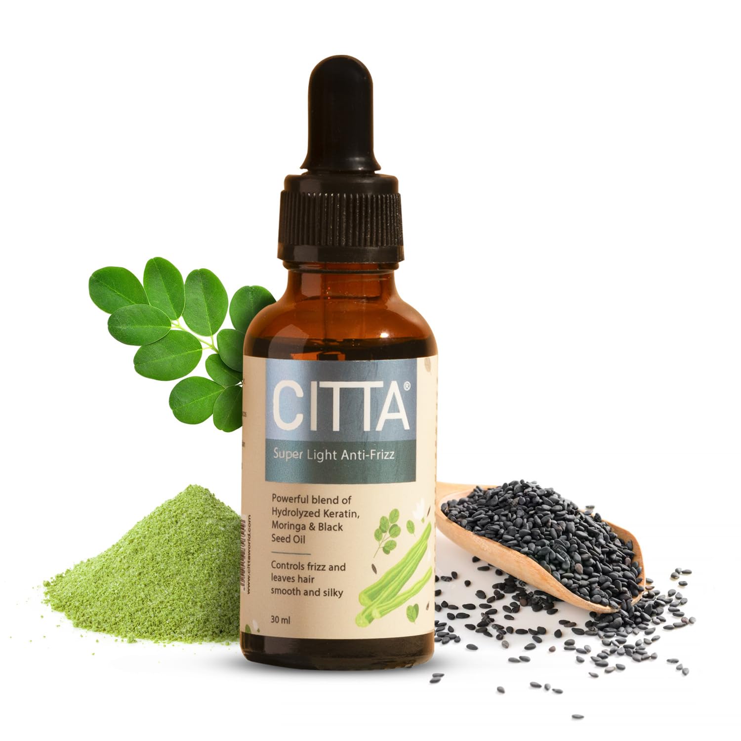 CITTA Super Light Anti-Frizz Hair Serum for All Scalp Types – With Moringa & Black Seed Oil – Non-Greasy Formula for Frizz Control, Smooth Hair & Tames Flyaways – For Men & Women – 30ml CITTA