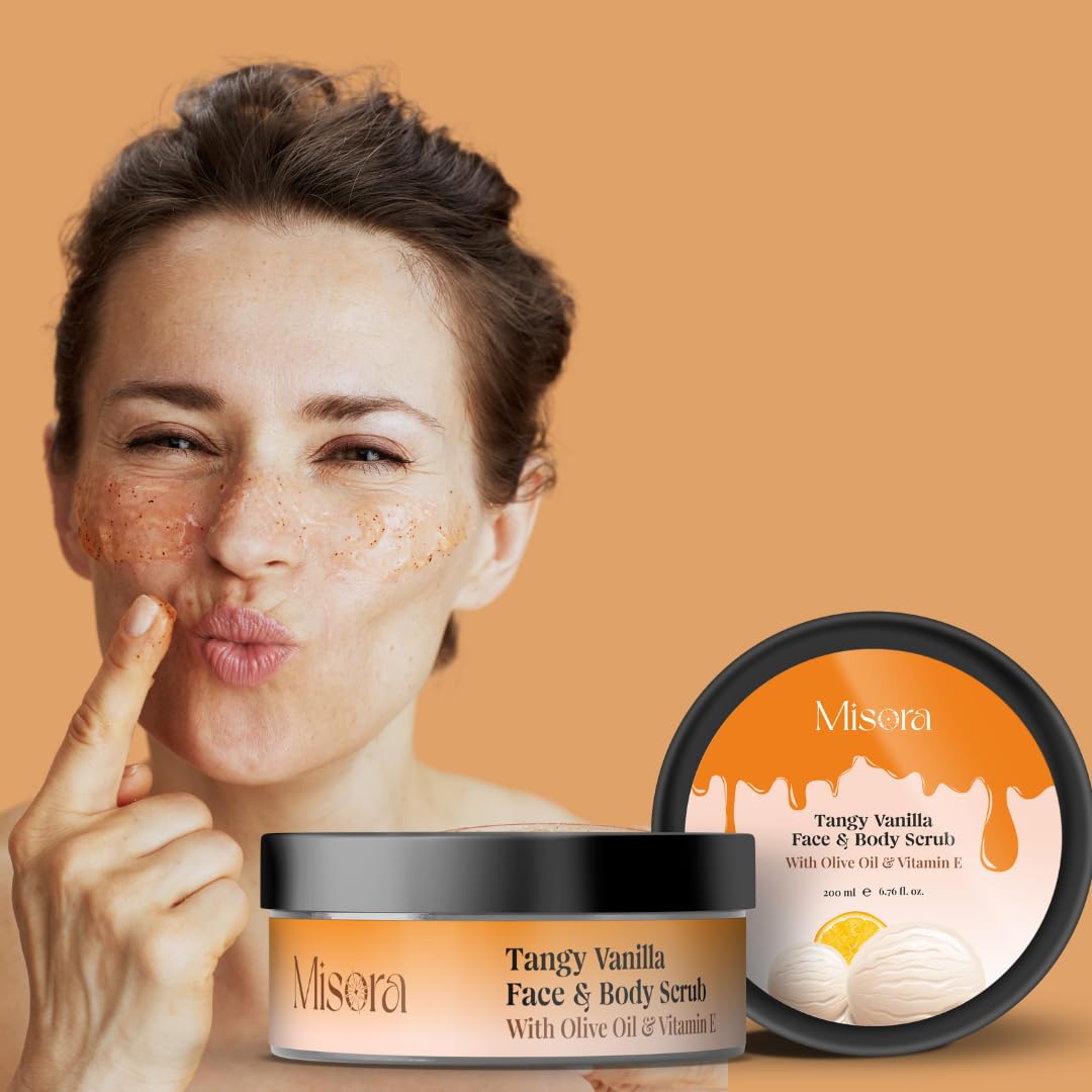Misora Tangy Vanilla Face & Body Scrub with Olive Oil & Vitamin E | Deep Moisturizing Scrub for Soft, Glowing Skin | Gently Removes Dead Skin Cells, Tan, and Impurities | For All Skin Types | 200ml MISORA