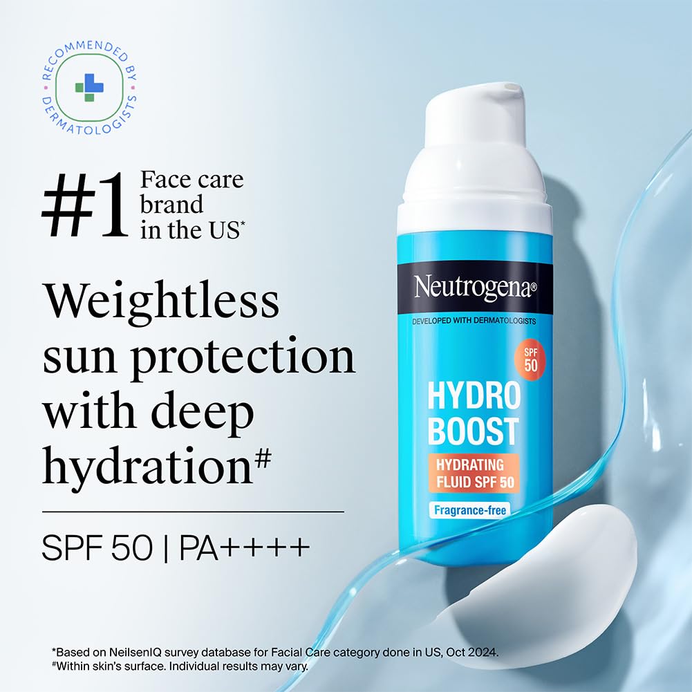 Neutrogena Hydro Boost Face Sunscreen SPF50+ PA++++ | Hyaluronic Acid & Niacinamide | UVA, UVB and Long UVA protection | Oily & Sensitive Skin | Non Greasy & No White Cast | Hydrating Fluid | 50ml Neutrogena