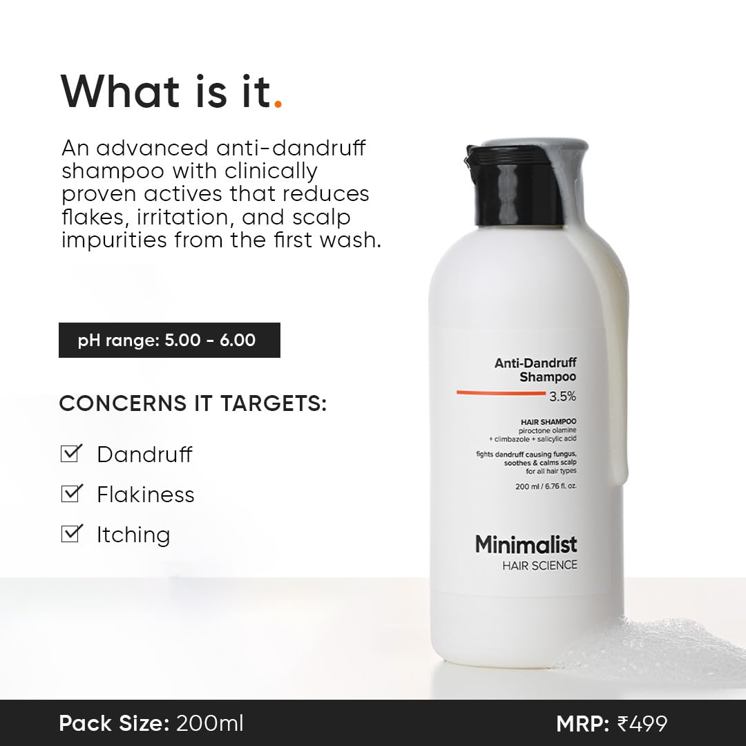 Minimalist Anti-Dandruff Shampoo | With Salicylic Acid, Climbazole & Piroctone Olamine | Remove Flakes, Soothes Itchy Scalp & Reduces Dandruff | Sulphate-Free | Fragrance-Free | Suitable for All Hair Types | For Men & Women | 200 ml Minimalist