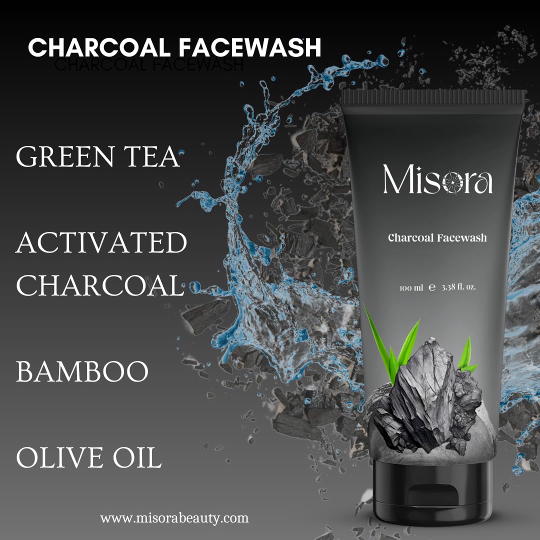 Misora Charcoal Face Wash | Deep Cleansing & Oil Control Face Wash with Activated Charcoal for Clear, Fresh & Acne-Free Skin | Perfect for Everyday Skincare Routine For Men & Women | 100ml MISORA
