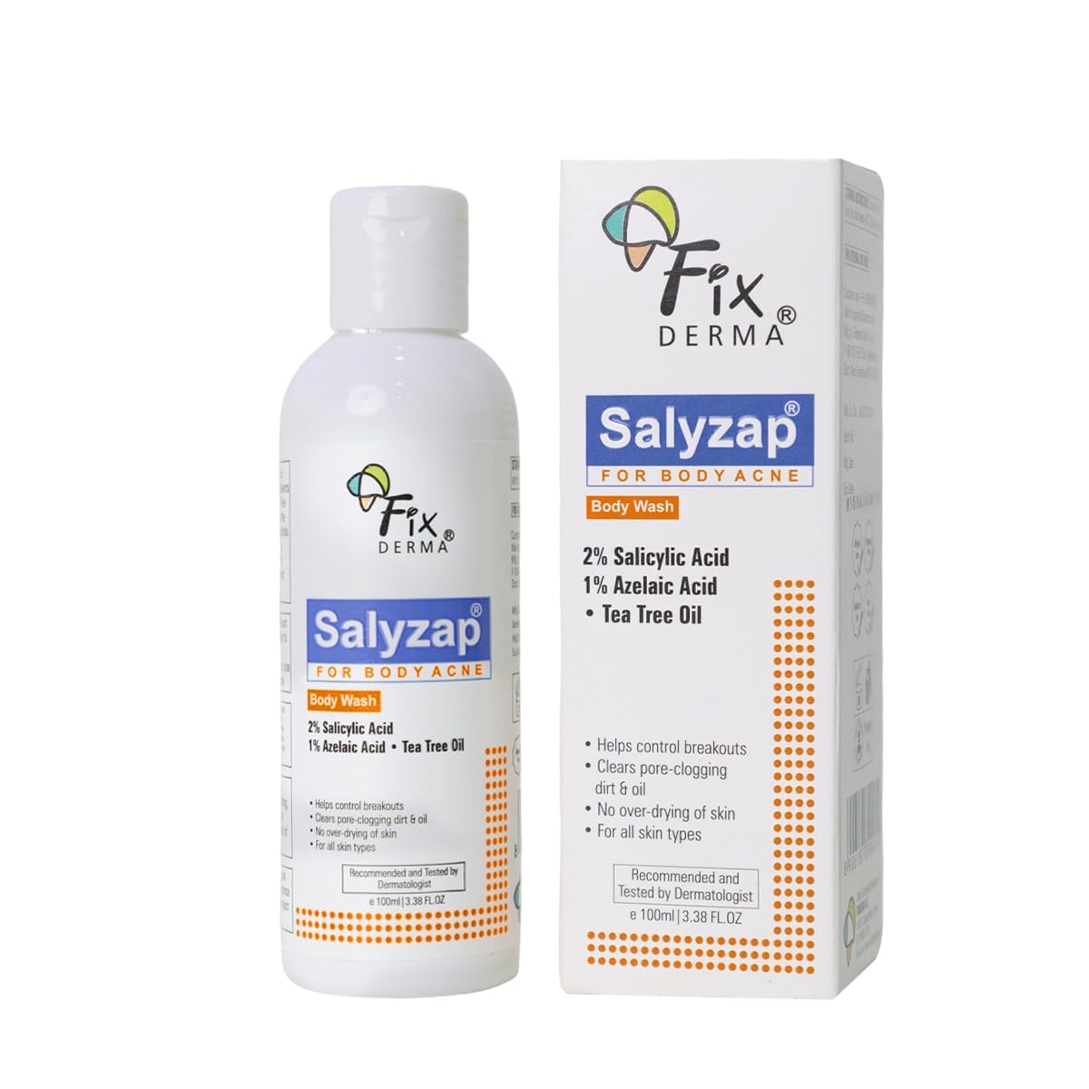 Fixderma Salyzap 2% Salicylic Acid Body Wash I For Acne, Anti Acne Body Wash on Back | Arms Suitable For Acne Prone Skin I Shower Gel For Women & Men I - 100ml Beauty Bumble