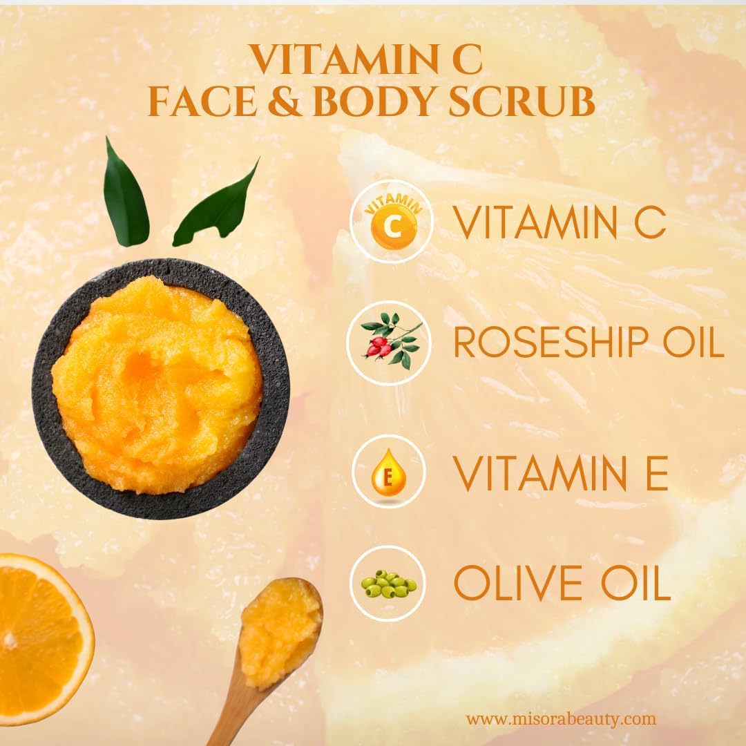 Misora Vitamin C Face & Body Scrub | Brightening for Glowing Skin, Deep Cleansing, Tan Removal & Dead Skin Cell Elimination | Fights Dullness, Dark Spots & Uneven Skin Tone For All Skin Types | 200ml MISORA