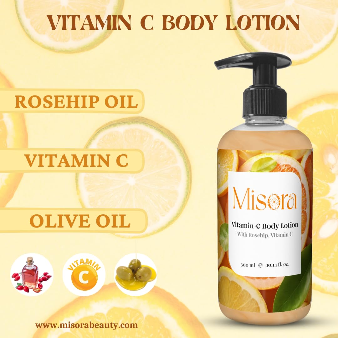 Misora Vitamin C Body Lotion For Glowing Skin | Deep Hydrating & Brightening Body Moisturizer for Dry, Dull Skin | Lightweight, Non-Greasy Formula with Natural Antioxidants For All Skin Types | 300ml MISORA