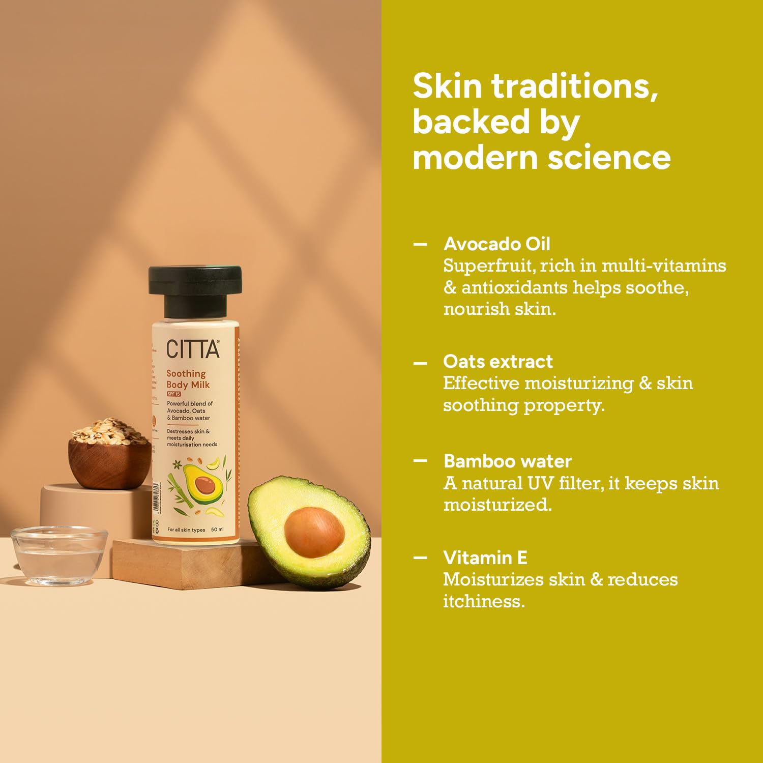 CITTA Soothing Body Lotion with SPF 15 – Lightweight & Non-Greasy – Fast-Absorbing Body Milk for Dry Skin – With Avocado, Oats & Bamboo Water – Deep Moisturization for Men & Women – 50 ml CITTA