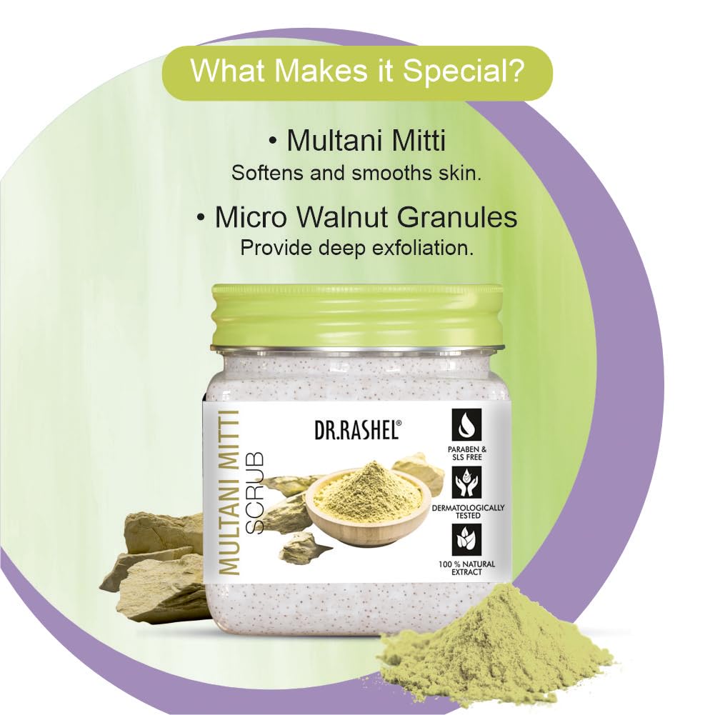 DR.RASHEL Multani Mitti Scrub For Face & Body (380 Ml) | All Skin |Cleanser Scrub For Deep Exfoliation | Dead Skin Remover| Tan Removal | Blackhead Remover Dr. Rashel