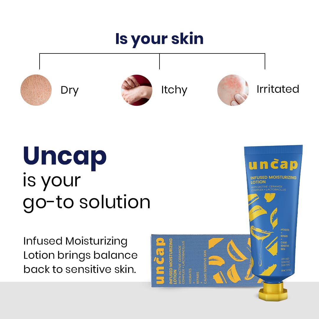 Uncap Infused Moisturizing Lotion with iActive Ceramide Complex & Lactobacillus | Hydrates, Repairs & Calms Sensitive Skin | Lightweight Daily Moisturiser – 50 ml Uncap