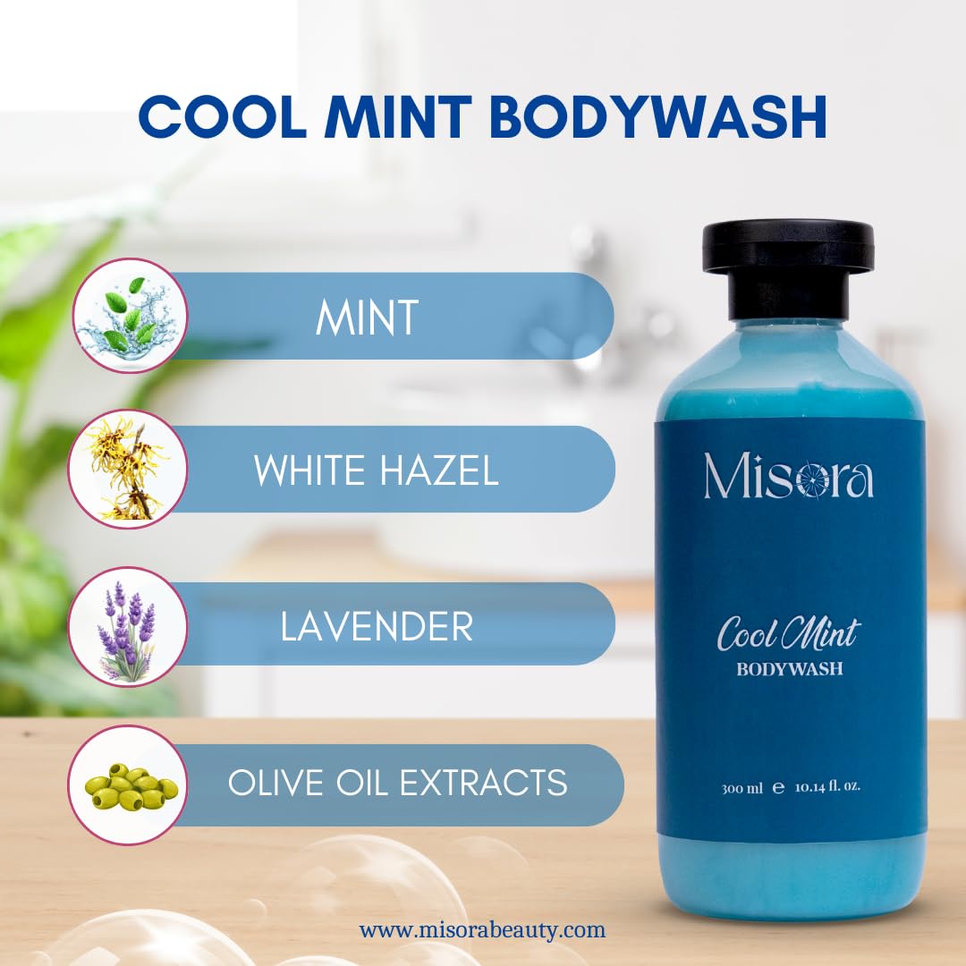 Misora Cool Mint Bodywash | Deep Gentle Cleansing Hydrates Refreshment Skin Body Wash with Mint, White Hazel, Lavender & Olive Oil For Radiant Glow & Moisturised Skin For Men & Women | 300ml MISORA