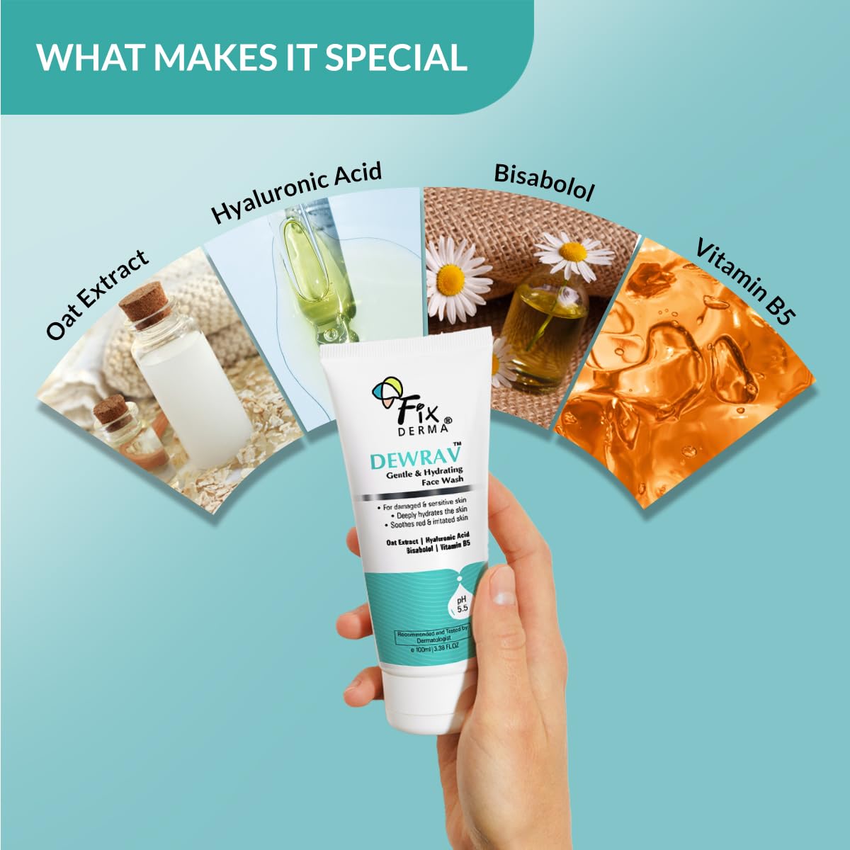 Fixderma Dewrav Gentle & Hydrating Face Wash with 6% Oats Extract, Hyaluronic Acid, Vitamin B5, Bisabolol | Soothes Irritated Skin | Provides Hydration | Face Cleanser For Sensitive, Dry to Normal Skin, 100Ml FIX DERMA