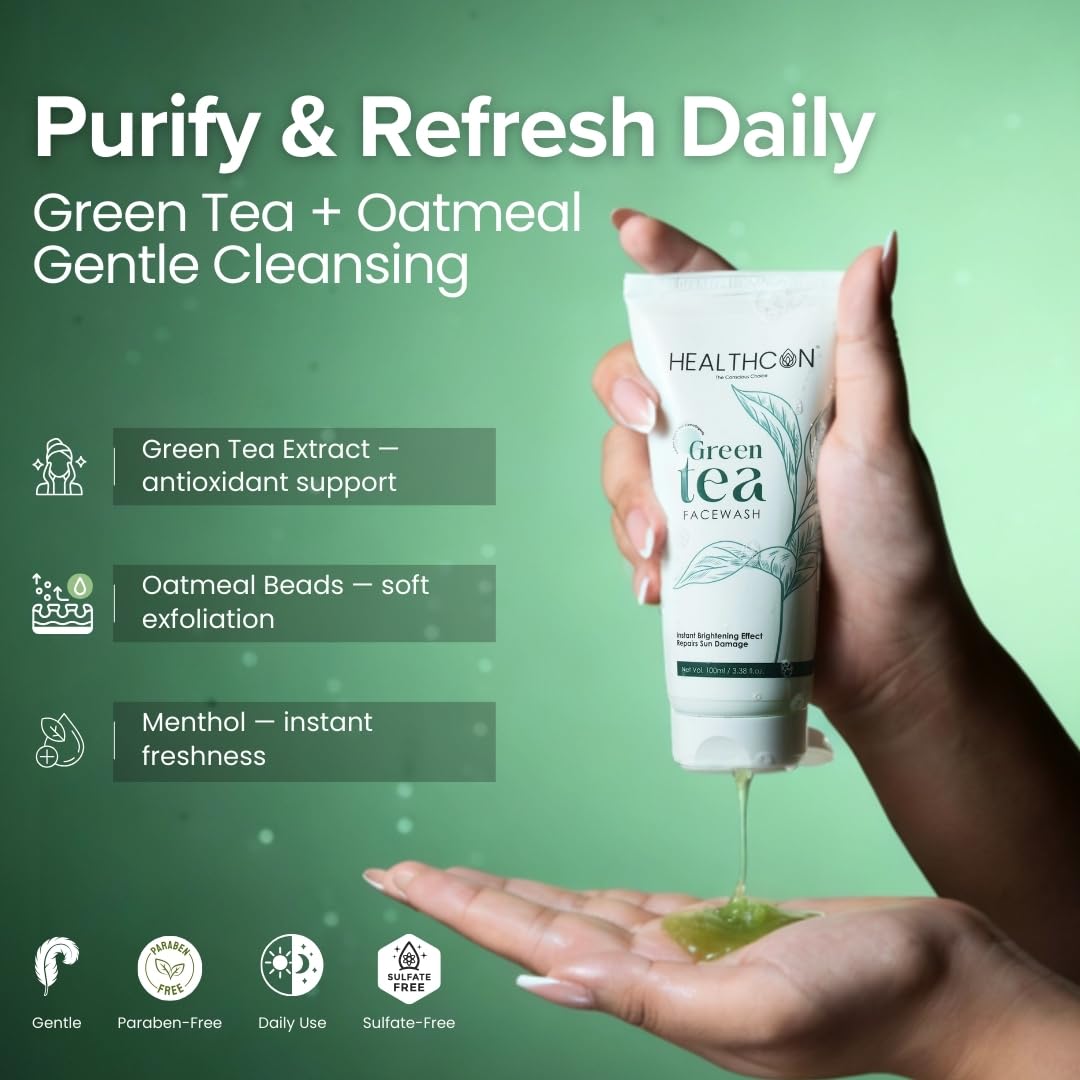Green Tea Facewash: Refreshing Aqua, Gentle Green Beads, Soothing Oatmeal Scrub, Enriched with Green Tea Extract and Menthol - Gender-Neutral, Toxic-Chemical-Free- 100ml Beauty Bumble