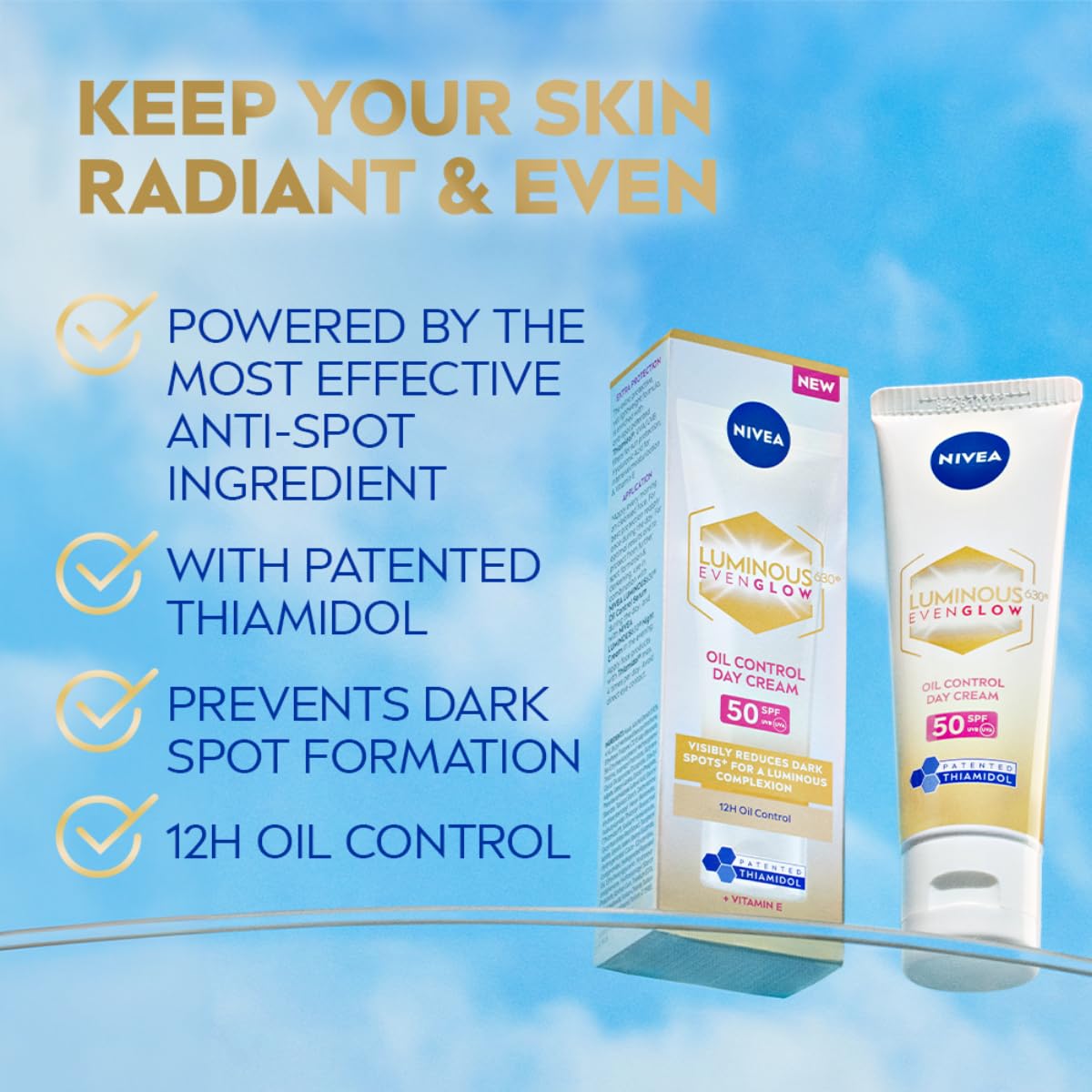 NIVEA Luminous Day Cream for Face for Even Glow & Oil Control | SPF 50 with UV protection & UVA UVB filters | Thiamidol, Hyaluronic Acid, Vitamin E for Dark Spots Reduction & Deep Moisturization| 40ml NIVEA