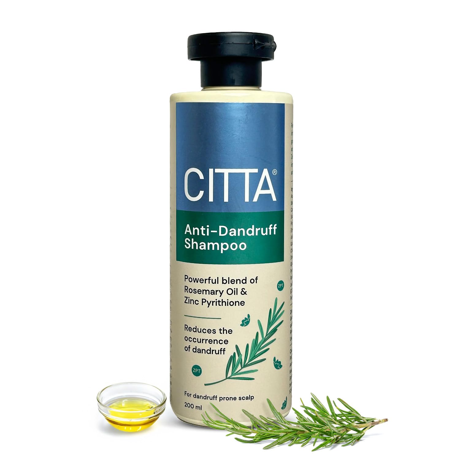 CITTA Anti-Dandruff Shampoo for Men & Women – Dermatologist-Tested Formula | Reduces Dandruff & Soothes Itching with Zinc Pyrithione, Piroctone Olamine & Rosemary Oil | Hydrates Scalp & Strengthens Hair | For All Hair Types | 200ml CITTA