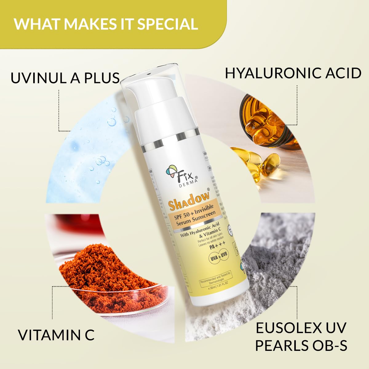Fixderma Shadow Invisible Serum Sunscreen SPF 50+ PA+++ | Ultra Lightweight Transparent Sunscreen with Vitamin C & Hyaluronic Acid | No White Cast | For All Skin Types | For Men & Women | Airless Pump 30 ML FIX DERMA