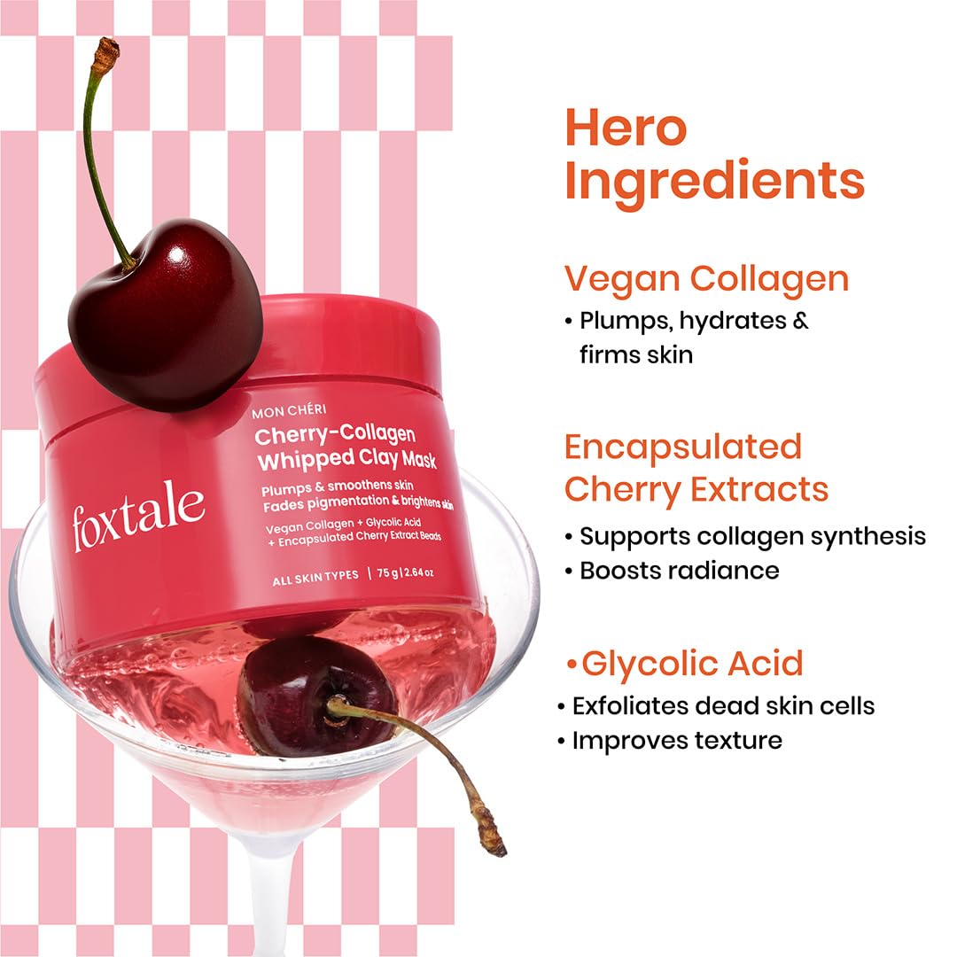 Foxtale Cherry-Collagen Whipped Clay Mask | Vegan Collagen + Glycolic Acid + PHA + Cherry Beads | Hydrates, Plumps & Firms Skin | Detoxifies Pores, Brightens & Smooths Dull, Uneven Skin | 75g FOXTALE