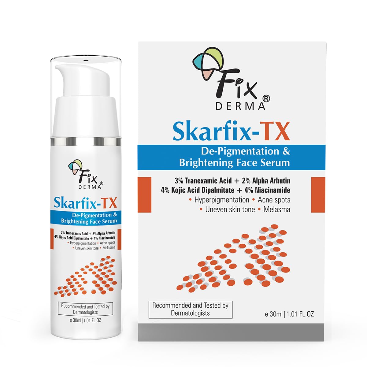 Fixderma Skarfix-TX Face Serum with 4% Kojic Acid, 4% Niacinamide Serum, 3% Tranexamic Acid & 2% Alpha Arbutin | Treats Hyper Pigmentation & Melasma | Reduce Acne Spots | brightening the Skin - 30Ml FIX DERMA