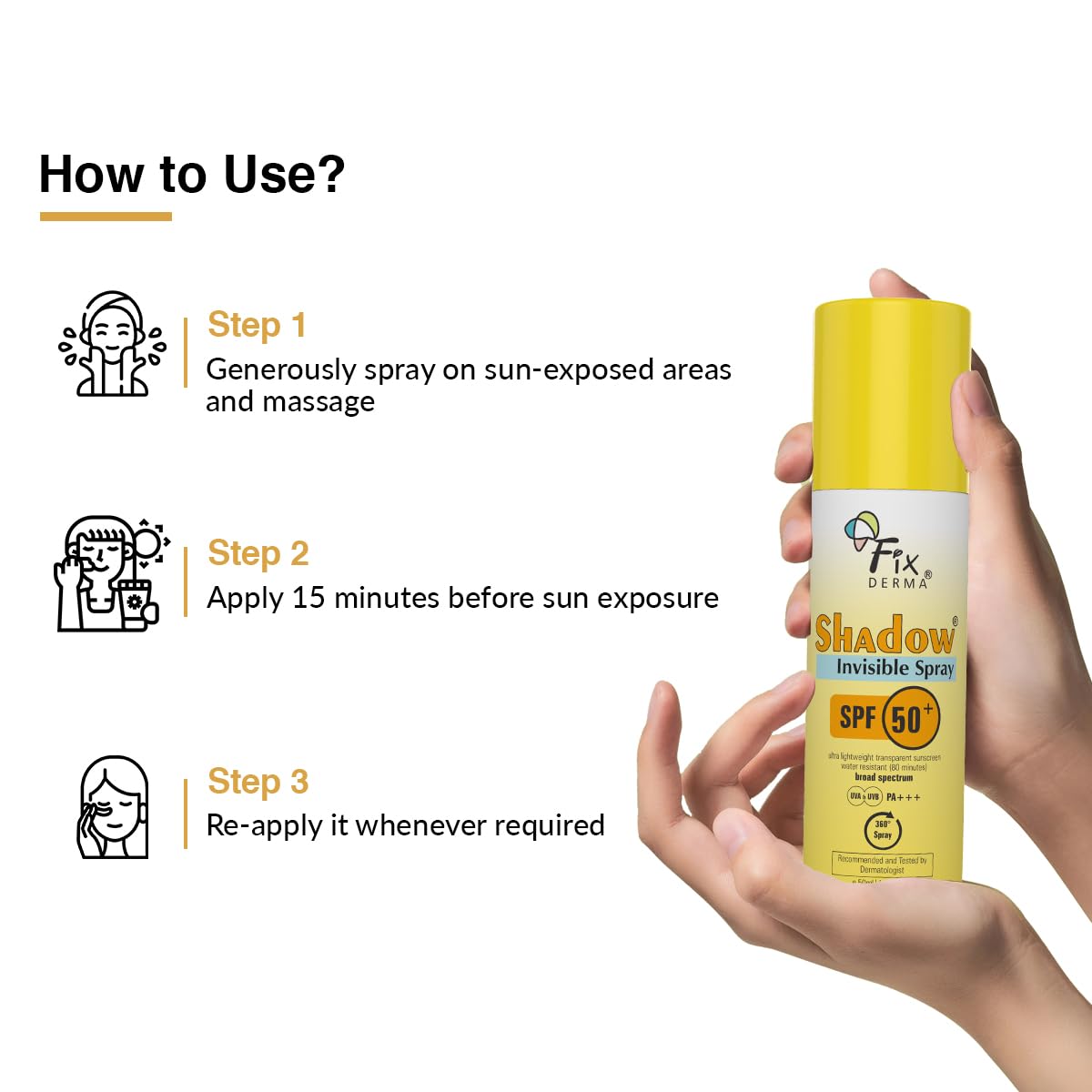 Fixderma Shadow SPF 50+ PA+++ Invisible Spray | Ultra Lightweight Transparent Sunscreen | Water Resistant Broad Spectrum UVA&UVB Sunscreen water resistant, spray for body, fluid sunscreen spray 50ml ( Pack of 1) FIX DERMA