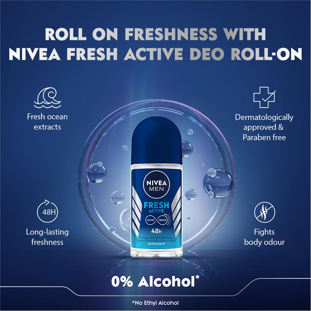 NIVEA MEN Fresh Active 50ml Deo Roll On | With Fresh Ocean Extracts| 72 H Freshness| 0% Alcohol | Dermatologically Approved & Paraben Free Formula NIVEA