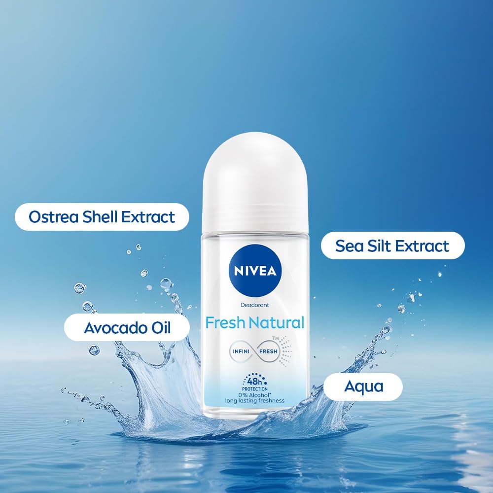 NIVEA Fresh Natural Roll On, 50ml| 48 H Smooth & Beautiful Underarms| 0% Alcohol | For Women NIVEA