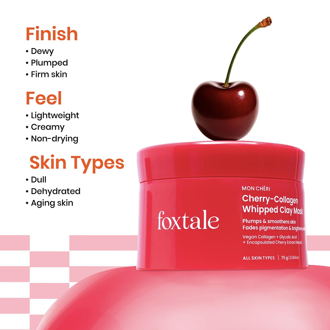 Foxtale Cherry-Collagen Whipped Clay Mask | Vegan Collagen + Glycolic Acid + PHA + Cherry Beads | Hydrates, Plumps & Firms Skin | Detoxifies Pores, Brightens & Smooths Dull, Uneven Skin | 75g FOXTALE